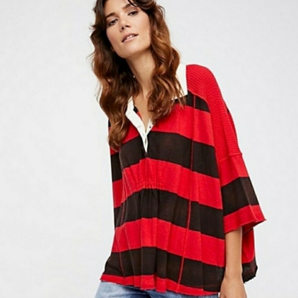 Free People Red Black Polo W Ruching Waffle Knit M